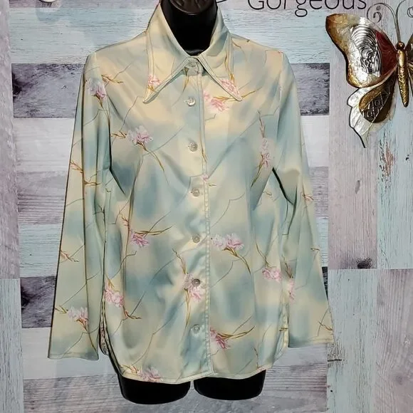 Vintage Tie Dye Floral Print Dagger Collar Blouse Sz M - Picture 6 of 8